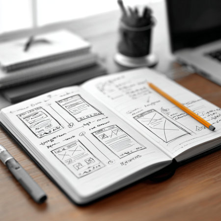 Drawing sketches on a notepad in front of a laptop.