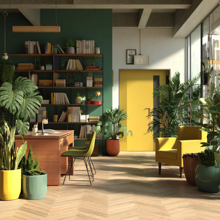 Interior of modern living room with yellow walls, wooden floor, yellow armchairs and green plants....