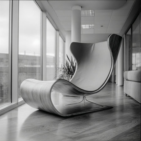 modern armchair in the lobby of an office building, black and white