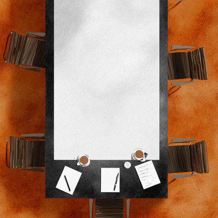 Wooden table with chairs and documents on it. Vector illustration.
