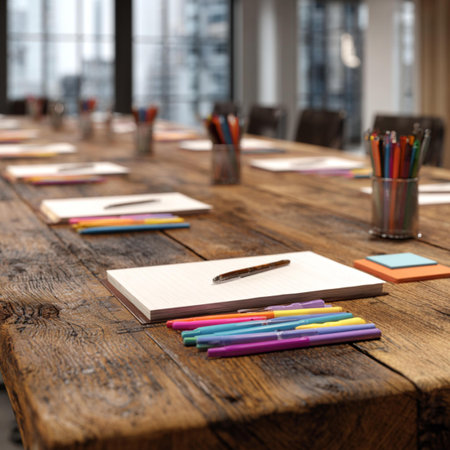 Wooden table with blank notepad, pen and colorful pencils