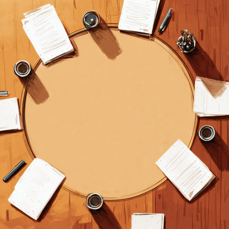 Top view of a round table with books, pencils, eraser and other itemsの写真素材