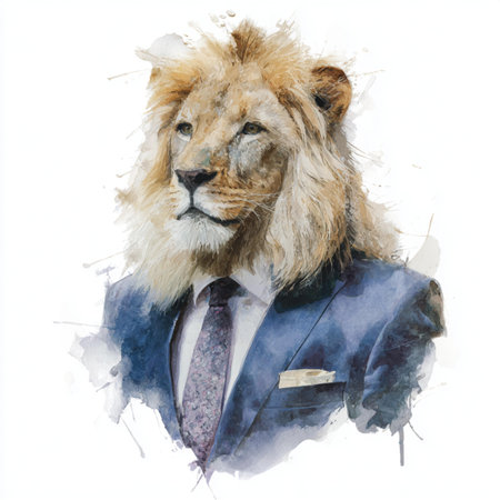 Watercolor portrait of a lion in a business suit and tie.
