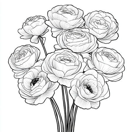 Elegant monochrome bouquet of white ranunculus flowers, design elements. Can be used for cards,...