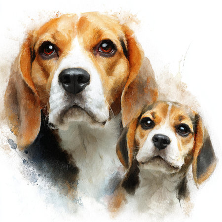 Two beagle dogs on white background. Watercolor paintingの写真素材