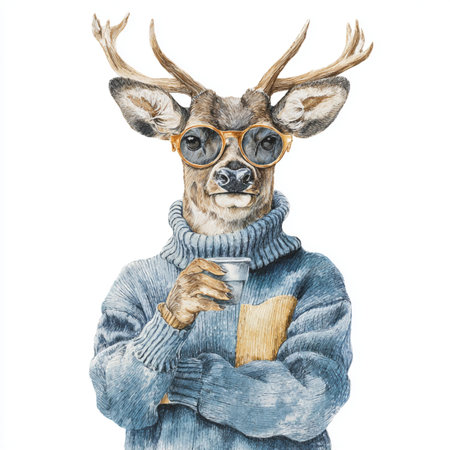 Portrait of hipster deer wearing sweater and eyeglasses with book.の写真素材