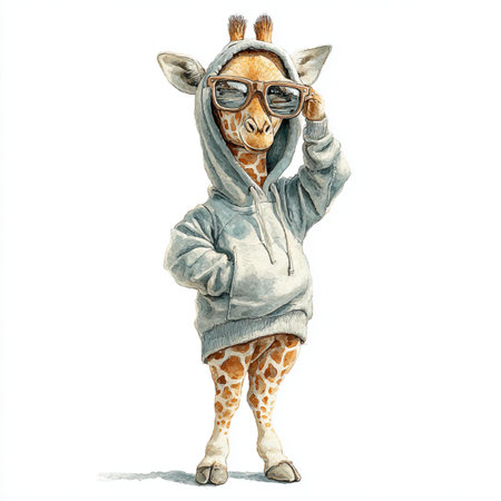 Cute giraffe wearing hoodie and sunglasses. Watercolor illustrationの写真素材