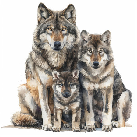 Watercolor portrait of a group of wolves on a white background.