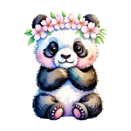 Cute cartoon panda with a wreath of flowers on his head.の写真素材