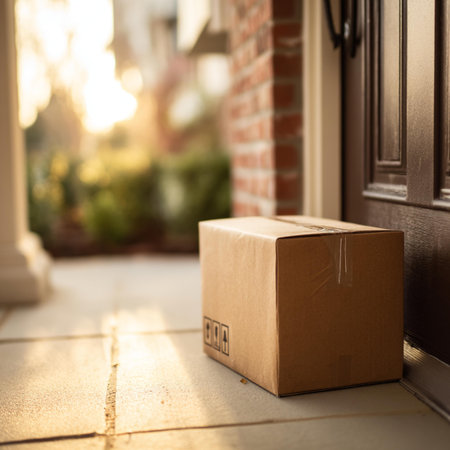 Brown cardboard box on the doorstep of a house. Delivery service concept.
