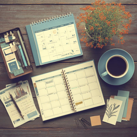 Top view of office desk with calendar, stationery and coffee cup