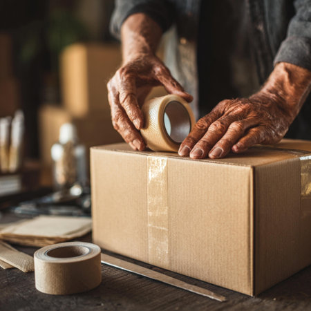 Close up of hands of an elderly man packing a cardboard box.