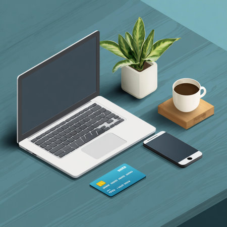 Laptop, smartphone and coffee cup on wooden table. Vector illustration