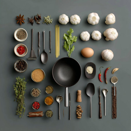 spices and herbs in kitchen utensils on grey background, top view
