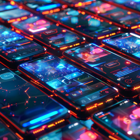 Futuristic mobile phones with glowing screen. 3d illustration.