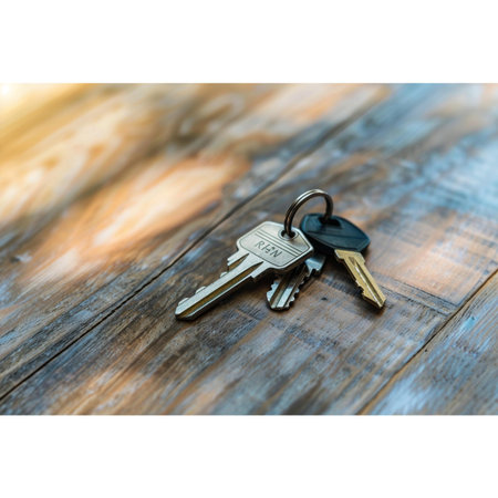 Key with keychain on a wooden background. Selective focus.