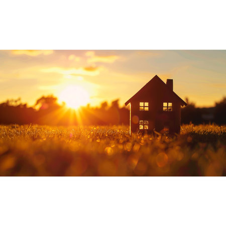 House on the meadow with sunset background. Real estate concept.
