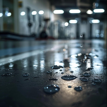 Drops of rain on the floor in the gym, blurred background