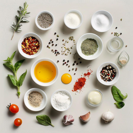 Various spices and herbs in bowls over light grey background, top view