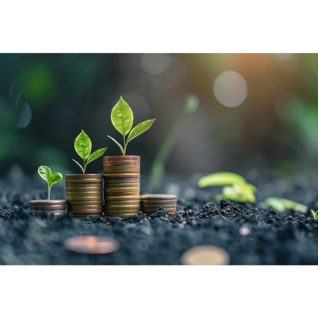 Green plant growing on coins with filter effect retro vintage style. Money growth concept.