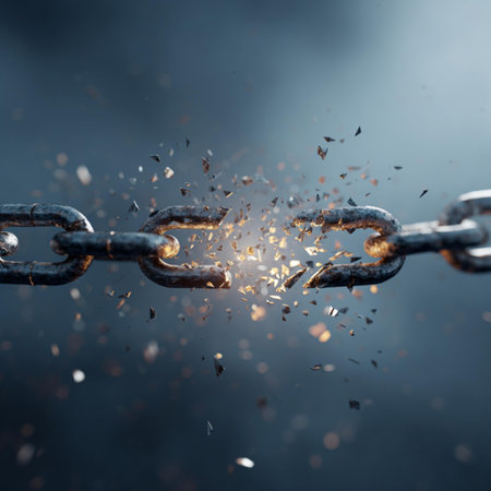 Broken chain with sparks flying in the air. 3d rendering
