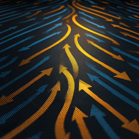 abstract 3d illustration of blue and orange arrows in a tunnel