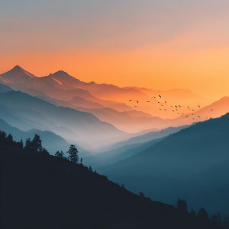 Mountain landscape at sunset in Himalayas, Uttarakhand, India