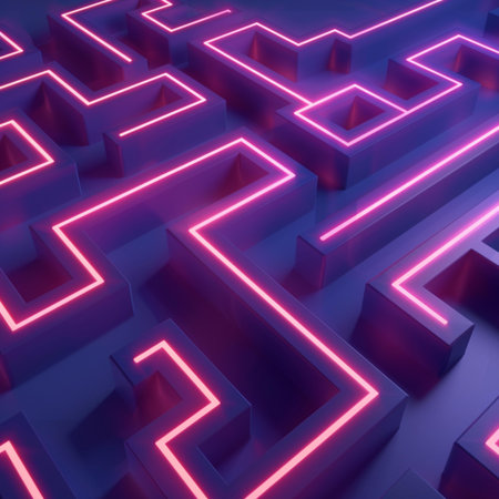 Labyrinth. 3d rendering. Neon lights. Abstract background.