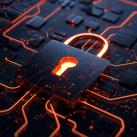 Cyber security concept. Padlock on circuit board. 3d illustration