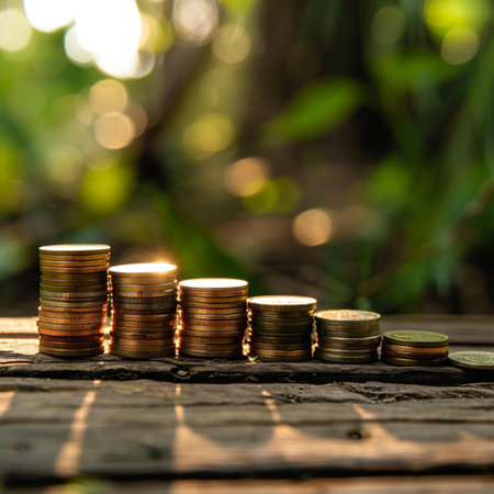 Coins stacked on each other with bokeh background, business growth concept