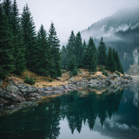 Beautiful lake in the mountains in the fog. Beautiful summer landscape