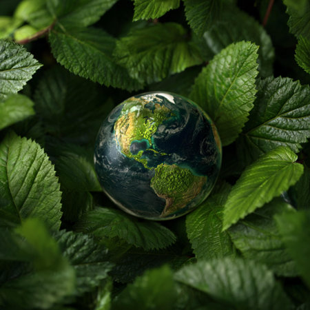Glass globe on green leaves background. Global warming and climate change concept