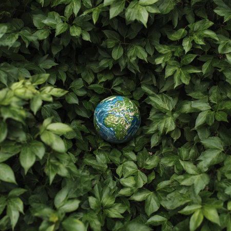 Globe in the green leaves. Conceptual image of environmental conservation.