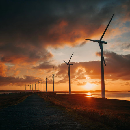 Windmills for electric power production at sunset, Zaragoza province, Aragon, Spain.