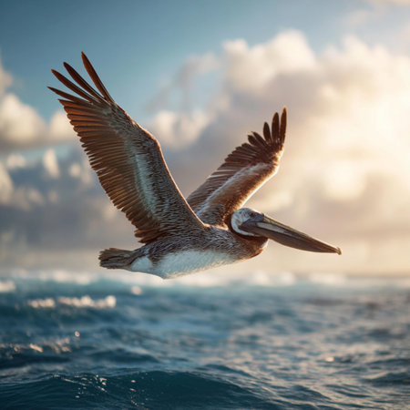 Brown pelican (Pelecanus occidentalis) flying over the Pacific Ocean at sunset.