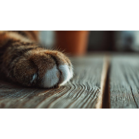 Cute cat paws lying on wooden floor with copy space for text