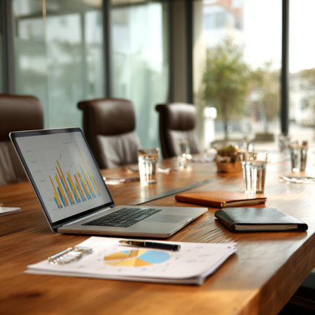 Laptop on a table in a modern meeting room with charts on the screen