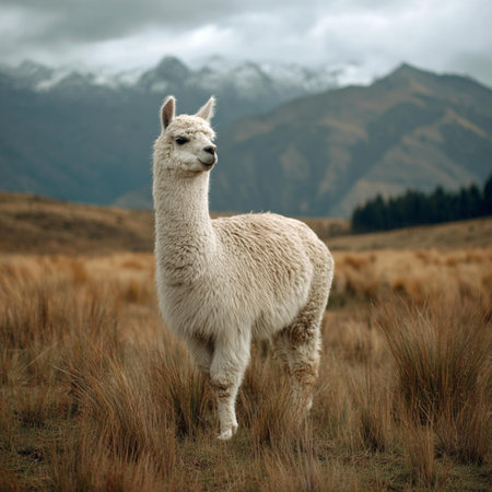 White alpaca standing on a grassy field with mountains in the background