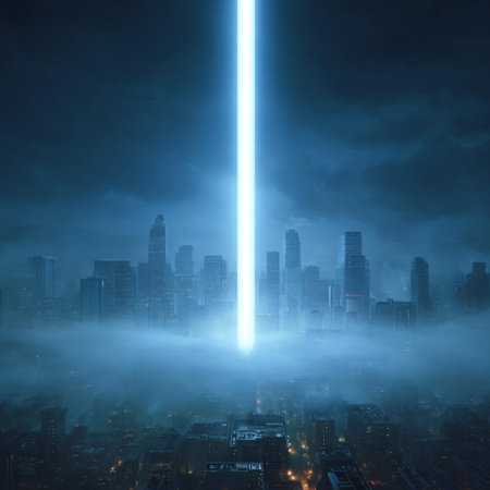 Foggy cityscape at night with neon light, 3D rendering