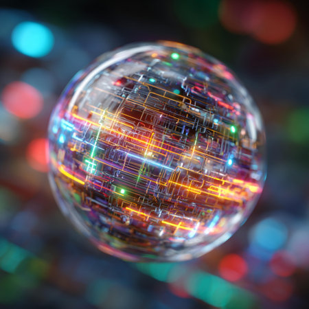 abstract crystal ball with colorful bokeh background, 3d render