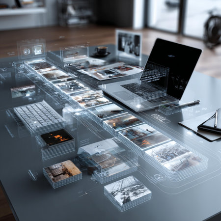 Technology interface with various images on the table. 3d rendering.