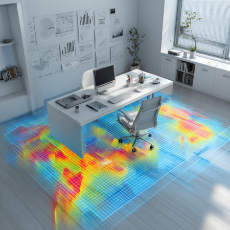 3d Illustration of a modern office interior design with world map