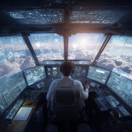 Pilot in airplane cockpit against blue sky with clouds 3D rendering