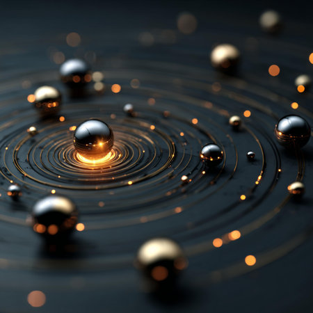 3d illustration of gold and black spheres on a dark background.
