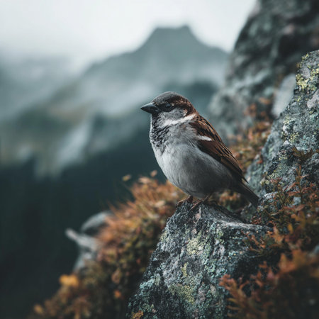 Sparrow sitting on a rock in the foggy mountains.