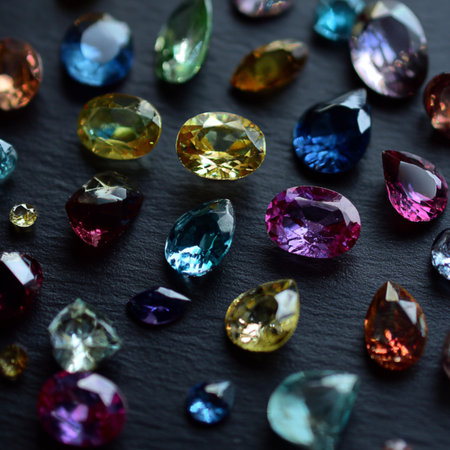 Natural gemstones on a black background. Colorful gems close up.