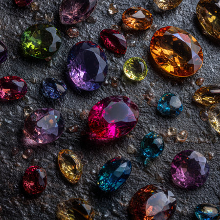 Colorful gemstones on black background. Top view. Flat lay.