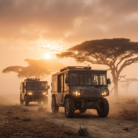 African safari background. Safari jeep in the savannah.