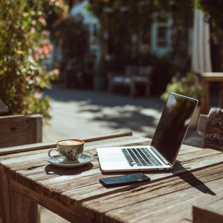 Coffee cup and laptop on wooden table in outdoor cafe.