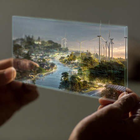 A man is holding a tablet with a picture of the city and wind turbines